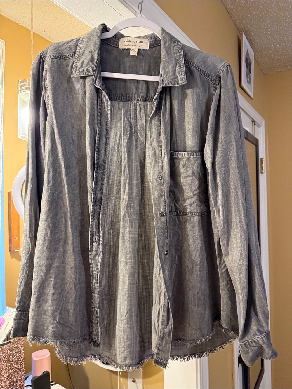 EUC Women cloth & stone faded gray denim button-down shirt